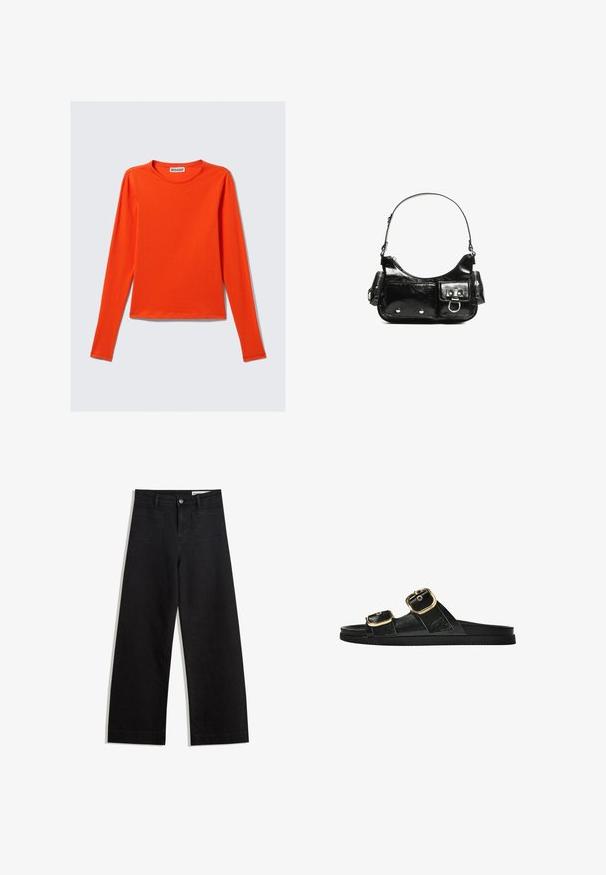Dlouhý rukáv, tričko s kulatým výstřihem v jasně oranžové barvě. Vyrobeno z hladkého materiálu, s přiléhavým střihem a rovním lemem. Žádné viditelné vzory ani akcenty.; Černé denimové kalhoty s volným střihem a vysokým pasem, vybavené předními a zadními kapsami, prošívanými švy a knoflíkovým zapínáním. Hladká textura.; Černé kluzné sandály s dvěma zlatými sponami, hladkým texturovaným materiálem, plochou podrážkou a minimalistickým designem.; Černá lakovaná kožená kabelka s křivkovým tvarem, jedním ramenním popruhem, předními kapsami a stříbrnými kovovými detaily.