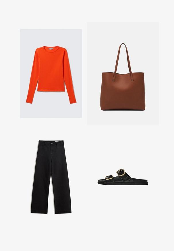 Langärmliges, Rundhals-Shirt in leuchtendem Orange. Aus glattem Stoff mit taillierter Silhouette und geradem Saum. Keine sichtbaren Muster oder Akzente.; Schwarze weit geschnittene Jeans mit hoher Taille, ausgestattet mit Vorder- und Hintertaschen, gesteppten Nähten und einem Knopfverschluss. Glatte Textur.; Schwarze Riemensandale mit zwei goldenen Schnallendetails, glattem Material, flachem Sohlen und minimalistischer Gestaltung.; Braune Leder-Tote mit glatter Textur, offenem Oberteil und zwei Schulterriemen. Verfügt über minimale Nähte und keine sichtbaren Beschläge.