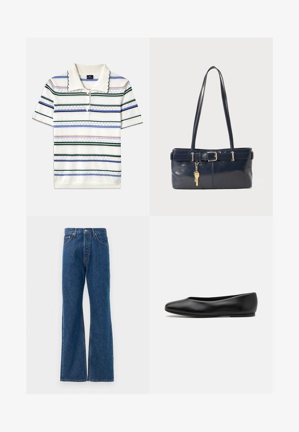 Bílá polo košile s krátkým rukávem, která má barevné horizontální pruhy, vroubkovaný límec a tři knoflíky na krku. Texturovaný bavlněný materiál.; Modré denimové zvonové džíny s vysokým pasem, které mají pět kapes, stříbrné zapínání na knoflík a viditelné švy.; Paul Smith TOPANGA - Klasické baleríny - black; Námořnická kožená kabelka s dvěma dlouhými uchy, detaily s přezkou a připevněným klíčenkou. Vyznačuje se hladkým povrchem a obdélníkovým tvarem.