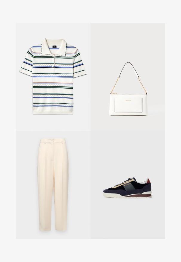 Polo shirt bianco a maniche corte con strisce orizzontali multicolori, colletto sagomato e tre bottoni sul collo. Materiale in cotone testurizzato.; Pantaloni beige su misura con vestibilità dritta, caratterizzati da pieghe davanti, una texture liscia e vita a media altezza. Senza tasche visibili.; Sneakers in suede blu Navy con accenti beige e blu scuro. Presentano una suola in gomma bianca e un marchio dorato sul lato. Design atletico classico.; Borsa a tracolla bianca in pelle con un finish testurizzato, dotata di una tracolla in catena dorata e accenti neri. Include una tasca frontale e una chiusura con zip.