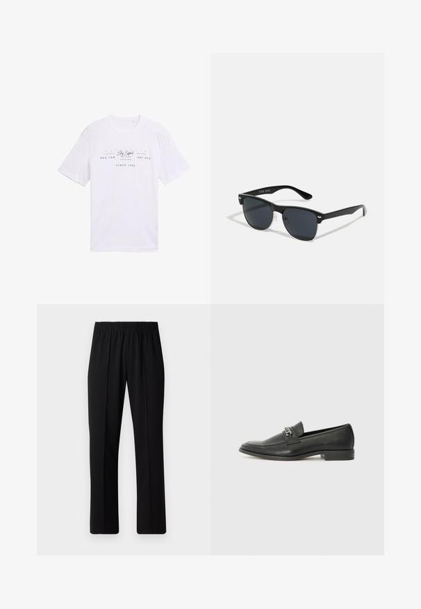 Hvid bomulds T-shirt med korte ærmer. Har blå tekst på forsiden: "Sky Squad," "Tom Tailor" og "Siden 1962," samt forskellige designs.; Sorte bukser med elastisk talje og lige ben, der har en glat tekstur og ingen synlige mønstre eller hardware.; Sorte læder loafers med en glat finish, der har et syet design og et dekorativt metal kædeaccent hen over vamps. Flad hæl.; Sorte solbriller med rektangulær form, mørke linser, sølvdetaljer ved tindingerne og en mat finish på stellet.