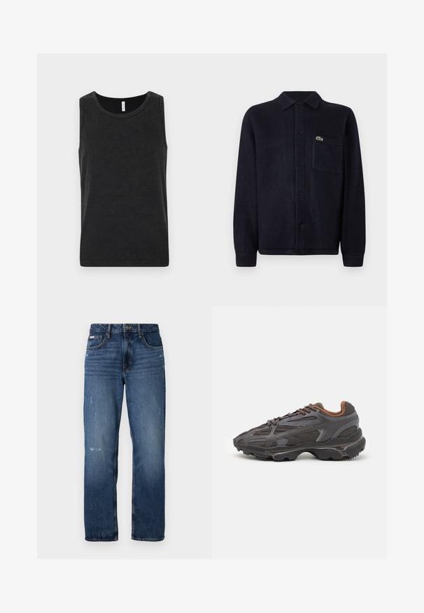 Schwarzes Baumwoll-Tanktop mit rundem Ausschnitt, ohne Ärmel und glatter Textur. Besitzt einen einfachen und klassischen Schnitt.; Marineblaue, strukturierte Hemdjacke aus weichem Stoff, mit Kragen, Knopfleiste, langen Ärmeln und einer gestickten Tasche mit Logo.; Blaue Denim-Jeans mit geradem Bein. Sie verfügen über ausgewaschene Bereiche und leichte Abnutzungsspuren auf der Vorderseite sowie einen klassischen Knopfverschluss.; Lacoste Sneaker in Dunkelgrau aus Mesh und Synthetikmaterial, mit einer strukturierten Sohle und braunen Akzenten am Kragen und Logo.