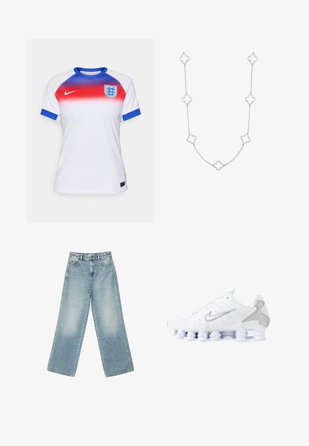 Maillot de sport blanc avec un motif dégradé passant du rouge au bleu au niveau des épaules. Présente des accents bleus au niveau des poignets et un blason.; Jeans large bleu clair en denim, avec taille haute, design à cinq poches et décoloration subtile le long des jambes.; Baskets de sport blanches avec tige en mesh, accents argentés et un design de semelle en spirale unique. Comprend un collier rembourré et un système de laçage pour un ajustement parfait.; Collier en argent composé de maillons en forme de trèfle alternés avec des centres ouverts, texture lisse et design délicat.