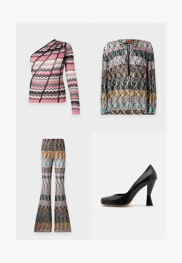 Knitted top with one long sleeve and asymmetrical design. Features a zigzag pattern in pink, black, and cream with textured fabric.; Long-sleeve sweater with horizontal zigzag stripes in black, pink, green, brown, gray, yellow, and turquoise, featuring a black tie neckline.; Knit flared pants with multicolored horizontal stripes in earthy tones, including mustard, teal, brown, black, pink, and grey.; Black leather high-heeled shoe with a square toe and a uniquely shaped glossy black heel. Smooth texture and simple design.