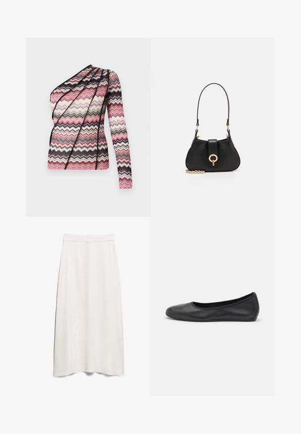 Strikket top med én lang ærme og asymmetrisk design. Har et zigzag-mønster i pink, sort og creme samt struktureret stof.; Hvid A-linje nederdel lavet af glat stof, med høj talje og gulvlængde design med en subtil drapering.; Sort læderballetsko med rund tå, glat tekstur, minimal syning og et fleksibelt såldesign.; sandro JANET - Håndtasker - noir