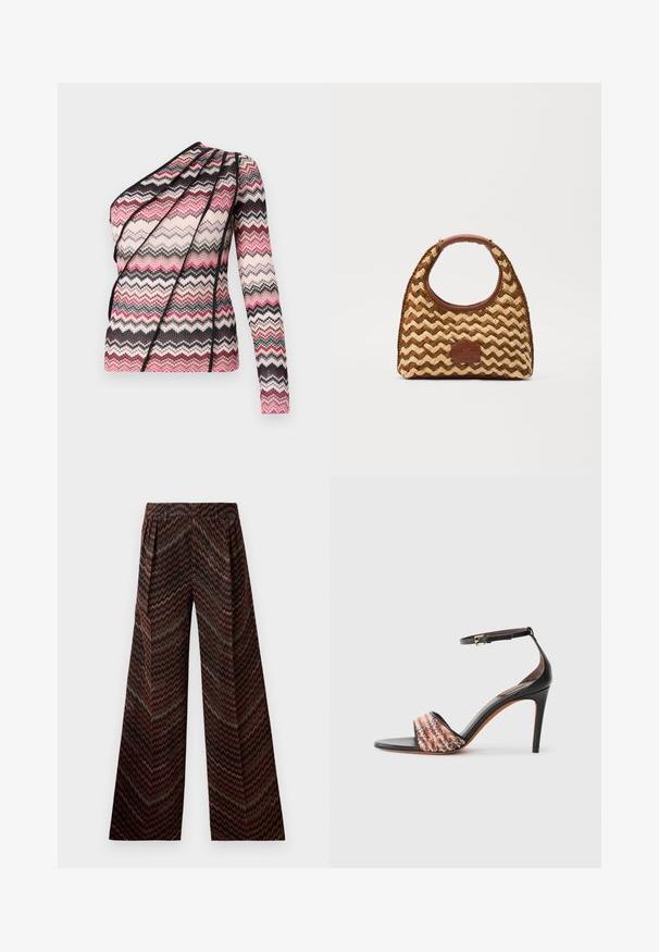 Adīta blūze ar vienu garu piedurkni un asimetrisku dizainu. Iespējots zigzag raksts rozā, melnā un krēmkrāsā ar teksturētu audumu.; Platas kājas bikses ar augstu vidukli un zigzaga rakstu brūnās, melnās, rozā un zaļās krāsās uz baltas fona.; Melnu augsto papēžu sandal (ar potītes siksniņu). Iezīmējas ar struktūru un daudzu krāsu auduma joslu pāri pirkstiem. Gluds ādas apdare.; Austs kaltu salmu soma ar zic-zac rakstu, brūnu ādas rokturi un pamatni, kā arī taisnstūra logotipa uzšuvi priekšpusē.