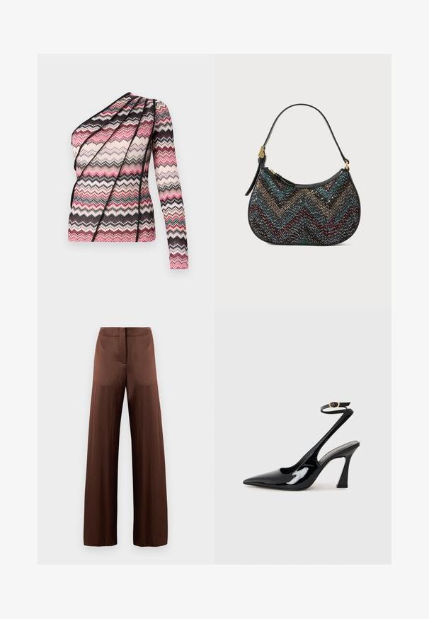 Strickoberteil mit einem langen Ärmel und asymmetrischem Design. Verfügt über ein Zickzackmuster in Rosa, Schwarz und Creme mit strukturierter Baumwolle.; Braune Schlaghosen aus glattem, leichtem Stoff, mit flacher Vorderseite, ohne Taschen und geradem Schnitt.; Schwarze Lackleder-Slingbacks mit spitz zulaufender Zehenpartie, verstellbarem Knöchelriemen und moderatem Blockabsatz. Glatte Textur mit glänzender Oberfläche.; Schwarze Handtasche mit geschwungener Form, die ein mehrfarbiges Zickzackmuster und metallische Fäden aufweist. Sie hat einen Ledertragegurt und goldene Hardware-Details.