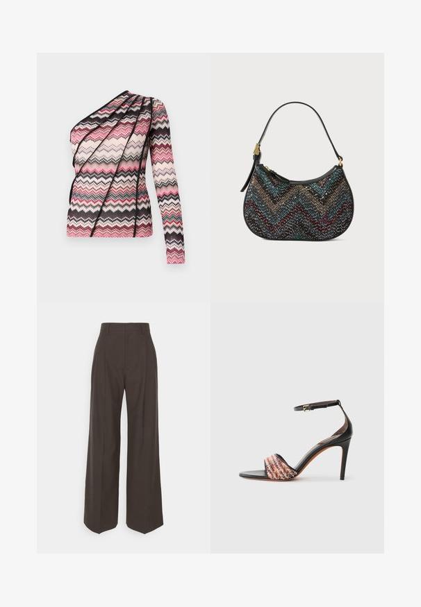 Adīta blūze ar vienu garu piedurkni un asimetrisku dizainu. Iespējots zigzag raksts rozā, melnā un krēmkrāsā ar teksturētu audumu.; Tumši brūni platajiem galiem bikses ar augstu jostasvietu, kas pieejamas ar uzmanīgi presētām krokām, gludu tekstūru un pielāgotu piegriezumu.; Melnu augsto papēžu sandal (ar potītes siksniņu). Iezīmējas ar struktūru un daudzu krāsu auduma joslu pāri pirkstiem. Gluds ādas apdare.; Melnā rokassoma ar izliektu formu, kurai ir daudzkrāsaina zigzaga raksts un metālisks diegs. Tai ir ādas siksna un zelta krāsas aksesuāri.