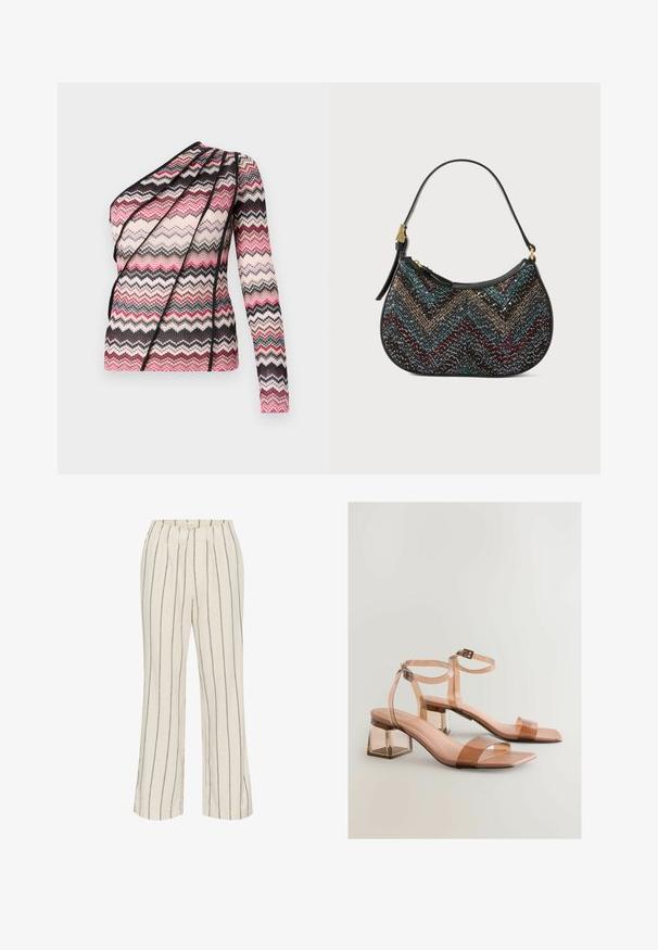 Top tricotat cu un mânecă lungă și design asimetric. Prezintă un model în zigzag în nuanțe de roz, negru și crem, cu țesătură texturată.; Pantaloni din in de culoare crem deschis cu dungi verticale maronii. Au un tiv elastic la talie și picioare largi, drepte.; Sandale cu toc bloc transparent, cu curele nuanță nud, vârfuri patrate și catarame ajustabile la gleznă; textură netedă și finisaj lucios.; Geantă de mână neagră cu o formă curbată, având un model în zigzag multicolor și fir metalic. Dispune de o curea din piele și accente de hardware aurii.