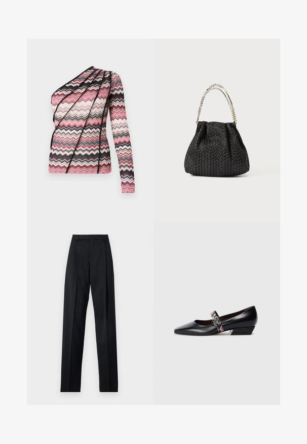 Knitted top with one long sleeve and asymmetrical design. Features a zigzag pattern in pink, black, and cream with textured fabric.; Black trousers made from smooth fabric featuring a high waist, wide legs, front pleats, and classic belt loops. No side pockets visible.; Black leather high-heeled shoes with a pointed toe, featuring a multicolored strap and gold-tone hardware. Low, angular block heel.; Black textured handbag with a herringbone pattern, gathered design, and a metallic chain handle. Soft fabric offers a sleek appearance.