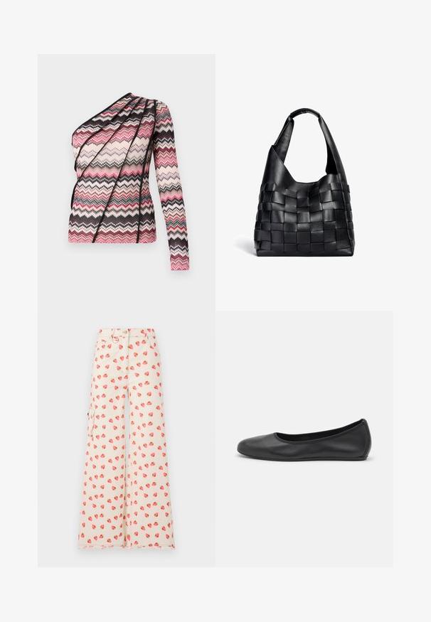 Adīta blūze ar vienu garu piedurkni un asimetrisku dizainu. Iespējots zigzag raksts rozā, melnā un krēmkrāsā ar teksturētu audumu.; Platās bikses, kas izgatavotas no gaiši brūna auduma, ar zemeņu rakstu sarkanā un zaļā krāsā. Iekļautas sānu kabatas un saplēsts malas dekorējums.; Melna ādas baleta kurpe ar noapaļotu purngalu, gludu tekstūru, minimālu šuvju detalizāciju un elastīgu zoles dizainu.; Melna ādas austā tote soma ar brīvu formu un plašu plecu siksnu. Aprīkota ar teksturētu, savītotu dizainu ar gludu apdari.