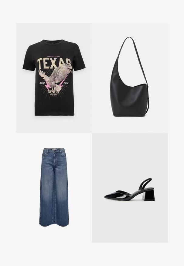 Camiseta de algodón negra con un gráfico de un halcón, texto en negrita "TEXAS" en crema y rosa, con acentos de rayos y un diseño vintage.; Jeans de mezclilla azul de pierna ancha con una cintura alta, diseño clásico de cinco bolsillos y un lavado desgastado para un ajuste relajado.; Zapatos de tacón slingback de charol negro con punta afilada y tacón geométrico en bloque. Presentan un diseño elegante y minimalista, así como una textura suave.; Bolso tipo hobo de cuero negro con una textura suave, forma curvada y una sola correa ajustable; presenta una amplia apertura en la parte superior.