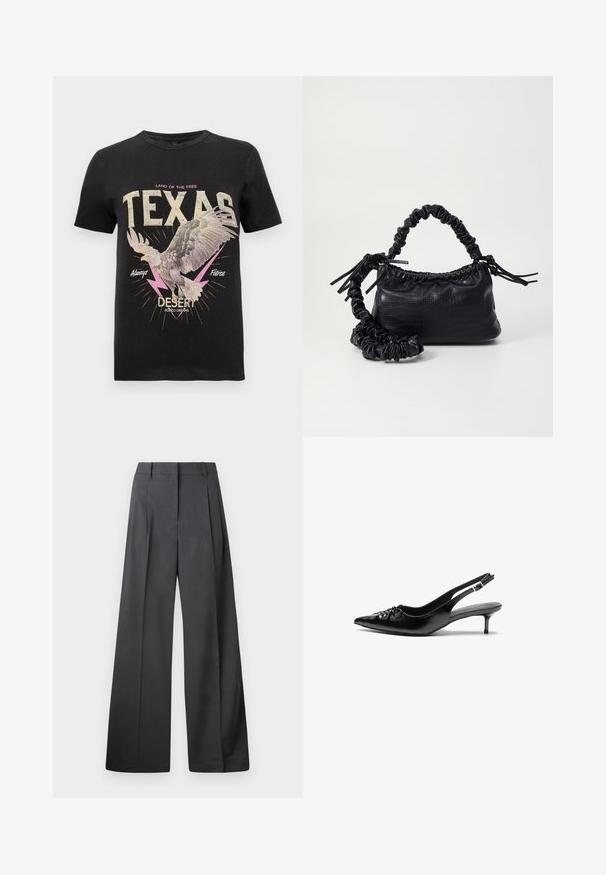 Black cotton T-shirt featuring a graphic of a hawk, bold text "TEXAS" in cream and pink, lightning accents, and a vintage design.; Wide-leg trousers in dark gray fabric, featuring a high waist, single pleats, and a smooth texture with a clean finish at the hems.; Black leather slingback heels with a pointed toe, small kitten heel, and a decorative knot detail on the front. Smooth texture throughout.; Black faux leather handbag with a crocodile texture, cinched top, and a scrunched strap. Appears soft and compact in design.