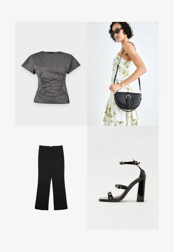 Short-sleeve, dark gray metallic glitter top with a round neckline and gathered ruching detail at the waist.; Black trousers with a straight fit, featuring front pockets and side slits at the hem. Made of soft, smooth fabric. Suitable for various occasions.; Black patent heeled sandals with a square toe, ankle straps, and silver buckles. Features a chunky block heel for stability.; Black leather handbag with a curved shape, detachable strap, and gold hardware. The bag features a flap with a buckle detail.
