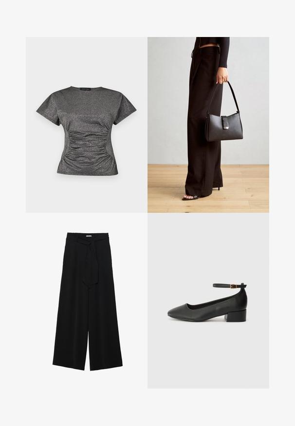 Īsa piedurkne, tumši pelēka metalizētā spīduma bluze ar apaļu kakla izgriezumu un līklojuma detaļu viduklī.; Melni platleņķa bikses ar teksturētu audumu, elastīgu jostu un noņemamu siksnu viduklī, kas nodrošina regulējamu piegulšanu.; Melnas ādas sūkņi ar smailu purngalu un zemu bloku papēdi. Iezīmēts ar potītes siksniņu ar zelta krāsas sprādzi. Gluda tekstūra.; Melnā somiņa ar strukturētu formu, gludu tekstūru un metālu sprādzi. Saskaņota ar platām melnām biksēm un sandālēm ar atvērtu purngalu uz koka grīdas.