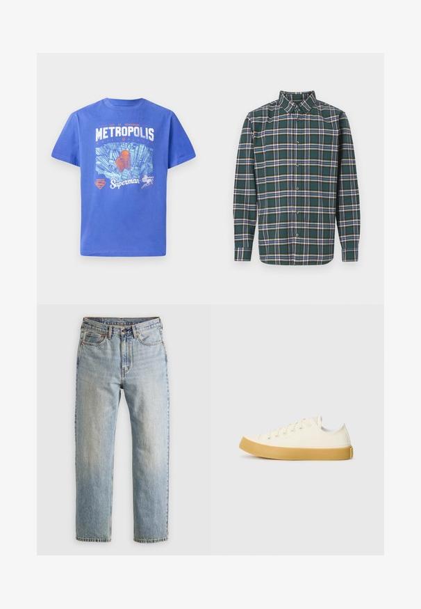 Blå bomulds t-shirt med korte ærmer. Har et grafik af Metropolis skyline og Superman logo i hvid og orange. Crew neck design.; Grøn flannelskjorte med et ternet mønster, der har blå, hvid og sennepsgul linjer. Knappet front og spids krave. Lange ærmer.; Lysblå denim jeans med høj talje, frontknap, lynlås og fem-lomme design, lagt fladt på en neutral baggrund.; Læder sneakers i off-white med rund tå, der har beige gummisåler og fem øjer til snørebånd, struktureret finish på overdelen.