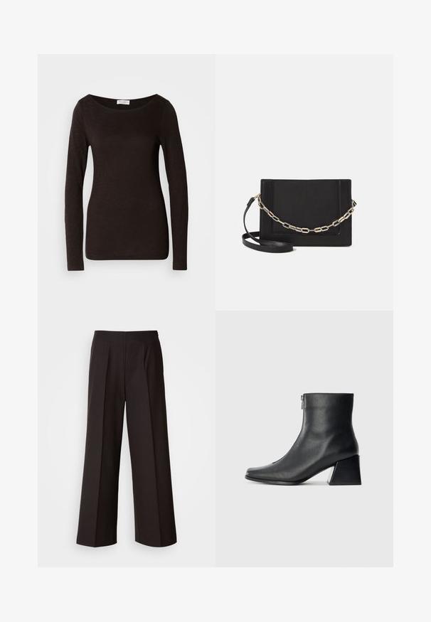 Juodas ilgomis rankovėmis prigludęs marškinėliai su apvalia iškirpte, turintys šiek tiek tekstūros ir mažą baltą prekės ženklą etiketėje apykaklės viduje.; Juodos plačios kojos kelnės su lygiu priekine dalimi, raukiniais ir švelnia medžiagos tekstūra. Yra aukštas liemuo ir pritaikytas kirpimas, užtikrinantis struktūrizuotą prigludimą.; Juodas odinis kulkšninis botas su kvadratiniu pirštu, šoniniu užtrauktuku ir blokuotu kulnu, prieš lengvą paprastą foną.; Juodas odinis per petį nešiojamas krepšys turi lygų paviršių, stačiakampio formą ir metalinę grandinėlę priekyje. Pridedama reguliuojama dirželis.