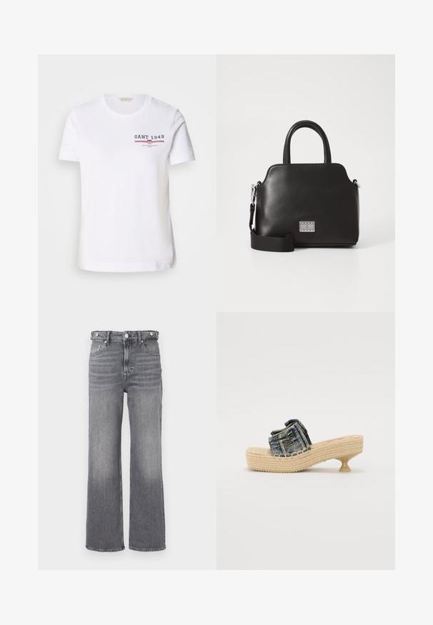 Valge puuvillane t-särk, ringkaeluse ja lühikeste varrukatega, ees oleva logoga, millel on kirjas "GANT 1949" tumesinises ja punases ning horisontaalsete triipudega.; Kõrge vöökohaga sirged hallid denim püksid, millel on pleekinud detailid ja metallist nööbid vöökohtades ning taskutel.; Denimist libist sandaal, millel on kudumine platvorm ja väike konts. Omab dekoratiivset tikandit ja metallilist aksenti ülemisel rihmal.; Must musta käsitaskuga, eemaldatava õlavarre rihmaga, ümarkujuline, sileda tekstuuriga ja hõbedase logoaktsendiga ees.