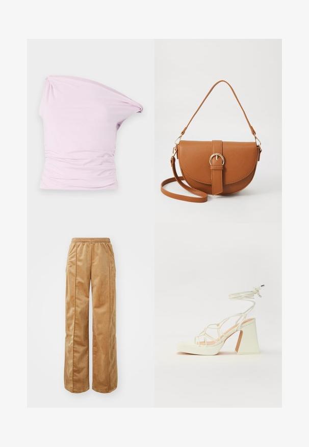 Asimetriška vieno peties palaidinė šviesiai rožinės spalvos, pagaminta iš minkštos, tamprus medžiagos, su suraizgytais akcentais ties juosmeniu, kad suteiktų tekstūros.; Kreminės pločio kojų kelnės, pagamintos iš švelnaus, veliūrinio audinio. Yra elastinga juosmens juosta ir vertikalios siūlės priekyje, suteikiančios papildomo akcento.; Balti aukštakulniai sandalai su masyviu kulnu, su dirželių dizainu ir kulkšnies raiščiu. Lygi tekstūra su platforma priekyje, suteikianti papildomą aukštį.; Ruda odinė kryžminė rankinė, turinti kreivą formą, auksinius metalinius elementus ir sagtį. Yra nuimama petneša.