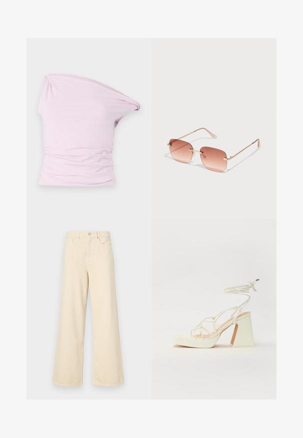 Ebaaseline üheahelane topp helesinas, valmistatud pehmest ja venivast kangast, millel on volumineertav detail vöökohtades, et lisada tekstuuri.; Bežid laiad teksad, mis on valmistatud puuvillast. Omab nööbilukku, vöökohakujusid ja eesmine taskuid, millel on sile ja pehme tekstuur.; Valged kõrge kontsaga sandaalid, millel on paks konts ja rihmadega disain koos pahkluu sidumisega. Sile tekstuur ja platvorm ees, et lisada kõrgust.; Ruuterikujulised prillid gradient roosade läätsedega, kuldne metallraam ja roosad tempid. Omab väikeseid ninasilti ja peent hingedetaili.