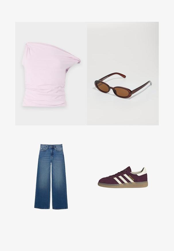 Top asimmetrico a spalla singola di colore rosa chiaro, realizzato in tessuto morbido e elasticizzato con dettagli arricciati in vita per creare texture.; Jeans a gamba larga di colore blu, realizzati in denim, con vita alta, dettagli cuciti e un design semplice con un leggero effetto sbiadito.; Sneaker in camoscio bordeaux con tre strisce bianche e accenti beige. Presenta una suola in gomma testurizzata e un marchio dorato sul lato.; Occhiali da sole rotondi con tonalità marrone, montatura lucida color bordeaux. Aste sottili con un sottile dettaglio del marchio. Design delle lenti piatte.; Borsa a tracolla in pelle intrecciata marrone con una forma triangolare morbida. Presenta una maniglia intrecciata e una chiusura con zip lungo la parte superiore.