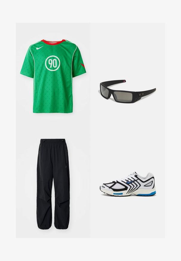 Žalias „Nike“ sportinis marškinėliai su trumpomis rankovėmis, baltomis detalėmis, taškuotais raštais ir apvaliu baltu „90“ logotipu centre. Raudona apykaklė.; Juodos lengvos krovininės kelnės su elastinga juosmeniu, šoninėmis užtrauktukais ir erdviomis kišenėmis. Turi laisvą prigludimą ir siaurėjančius rankogalius.; Baltas sportinis batelis su juodais akcentais, tinkleliais ir mėlynomis detalėmis. Ypatybėms priskiriamas tekstūruotas padas ir elegantiškos dizaino linijos.; Juodi akiniai saulės su matinio paviršiaus užbaigimu, stačiakampiai lęšiai, švelnus lenkimas ant šventyklų, subtilus logotipo detalizavimas ir dūminiai lęšiai.