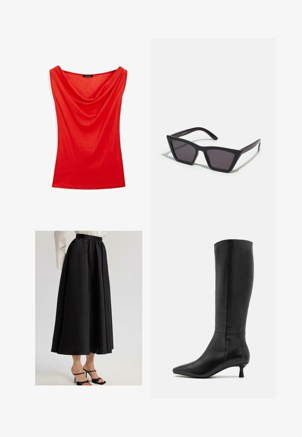 Czerwony, bezrękawnik z drapowanym dekoltem, wykonany z gładkiego materiału. Charakteryzuje się dopasowanym krojem i minimalnymi detalami.; Czarna długa spódnica z gładkiego materiału, z marszczonym pasem i swobodnym krojem, w połączeniu z czarnymi sandałami na cienkich obcasach.; Zign - Kozaki; Czarne, kanciaste okulary przeciwsłoneczne z szarymi soczewkami; wykonane z plastiku, z grubymi zausznikami o gładkiej powierzchni i bez widocznych elementów metalowych.