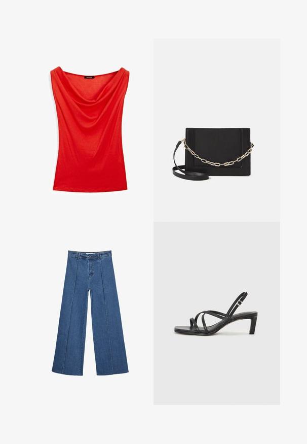 Top rosso senza maniche con scollo a drappeggio, realizzato in un tessuto morbido. Presenta una forma attillata e dettagli minimi.; Jeans in denim a gamba larga di blu medio, con vita alta, chiusura con bottone e dettagli delle cuciture verticali a contrasto lungo la parte anteriore.; Sandalo nero con cinturini, dalla punta squadrata e tacco basso a blocco. Presenta diversi cinturini sottili e una cinturini regolabile alla caviglia. Realizzato in pelle liscia.; Borsa a tracolla nera in pelle con una texture liscia, forma rettangolare e dettaglio in catena metallica sul davanti. Inclusa una tracolla regolabile.