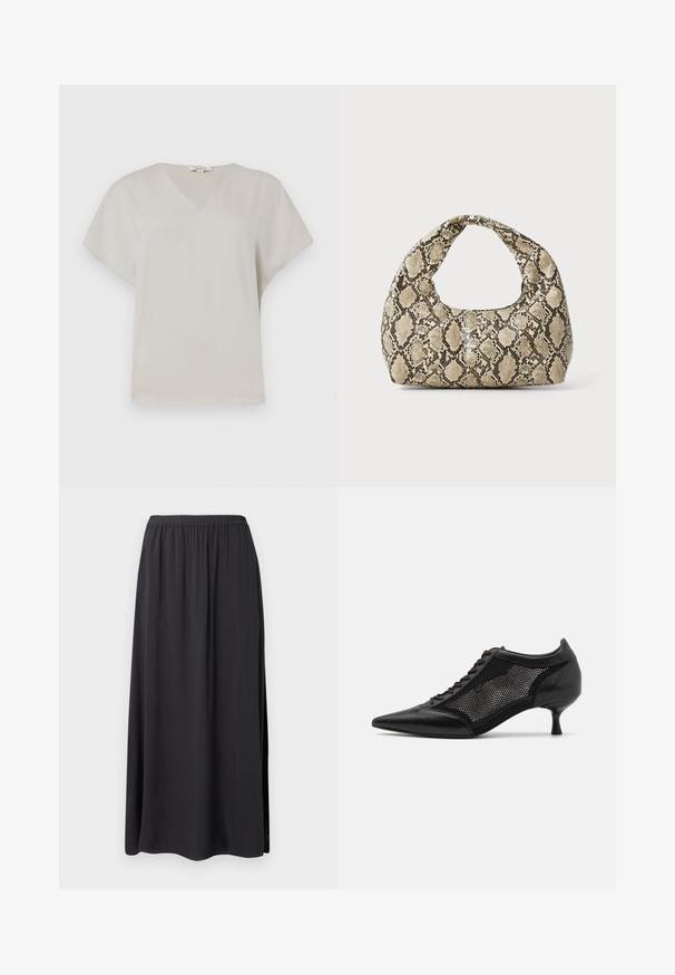 V-neck, short-sleeve top in light gray fabric. Soft, smooth texture with a relaxed fit and no visible patterns or accents.; Black maxi skirt made of soft, flowing fabric. Features an elastic waistband and side slits, providing a relaxed fit and silhouette.; Black pointed-toe shoe with a mesh panel design, featuring a low heel and lace-up front. Made from a combination of leather and mesh material.; Snake-print handbag with a curved handle. Made from textured, beige and brown materials, featuring a distinctive diamond pattern.