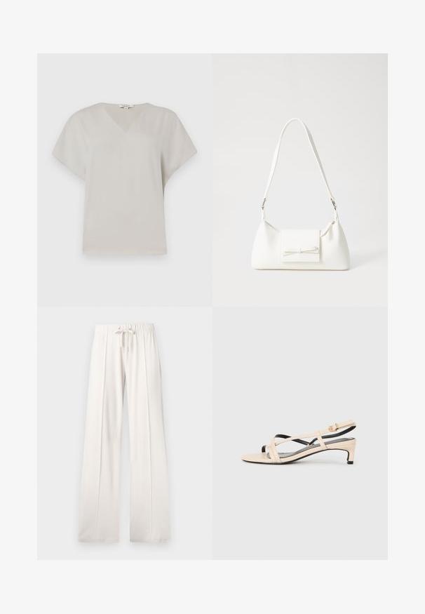 V-neck, short-sleeve top in light gray fabric. Soft, smooth texture with a relaxed fit and no visible patterns or accents.; Light beige sweatpants made of soft fabric, featuring a drawstring waist, wide legs, and vertical seams, with a smooth texture.; Beige leather slingback sandal with crisscross straps, low heel, and black accents. Smooth texture and minimalistic design.; White synthetic handbag with a triangular shape, flat front flap and bow detail, adjustable strap, smooth texture, and minimalistic design.