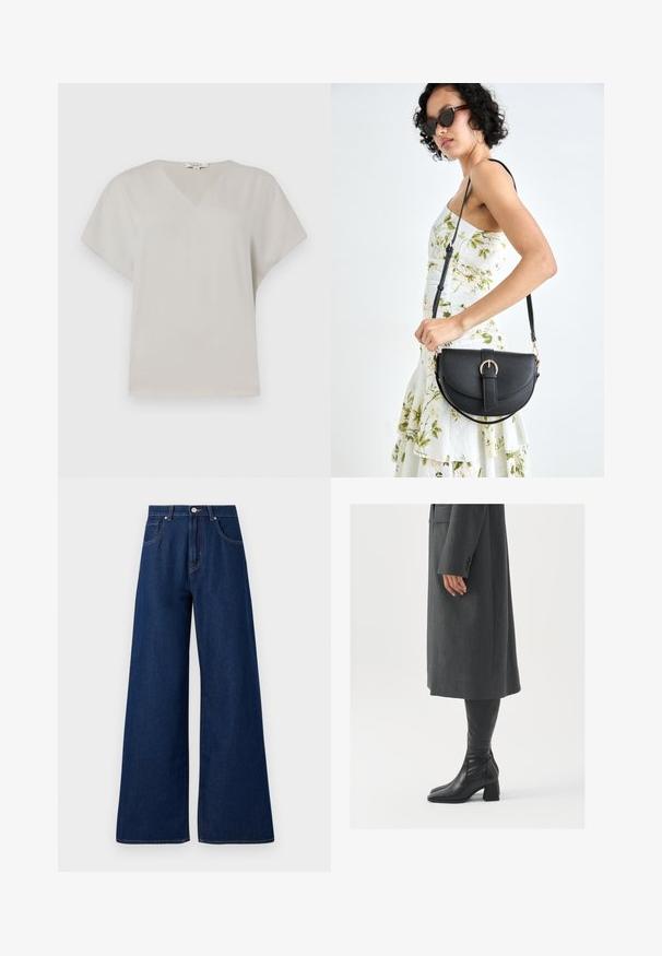 V-neck, short-sleeve top in light gray fabric. Soft, smooth texture with a relaxed fit and no visible patterns or accents.; Wide-leg denim jeans in dark blue. Features classic five-pocket design, button closure, and contrasting stitching. Smooth texture.; Gray, tailored overcoat with a straight cut; paired with knee-high black leather boots featuring a square toe and chunky heel.; Black leather handbag with a curved shape, detachable strap, and gold hardware. The bag features a flap with a buckle detail.