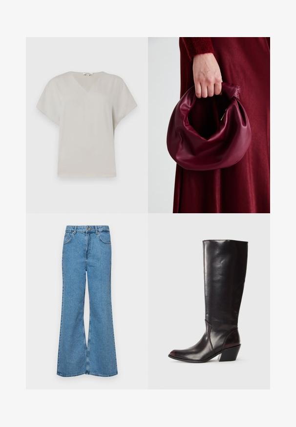 Világosszürke anyagból készült, V-nyakú, rövid ujjú felső. Puha, sima tapintású, laza szabású, és nincs rajta látható minta vagy díszítés.; Világoskék, trapézszárú farmernadrág, magas derékkal, öt zsebbel és egy gombos záródással. Puha tapintású, magasított effektusú anyag.; Térdig érő, sötétbarna bőr csizma hegyes orral, szögletes sarokkal és sima, fényes felülettel. Tiszta dizájn és varrás részletek jellemzik.; Burgundi bőrtáska puhán ráncolt dizájnnal és kerek alakban. A fogantyú rögzítve van, sima textúrával rendelkezik.