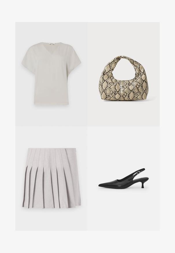 Ženski vrh z V-izrezom in kratkimi rokavi iz svetlo sive tkanine. Mehka, gladka tekstura s sproščenim krojem in brez vidnih vzorcev ali dodatkov.; Siva plisirana krila z gladko teksturo, ki ima več navpičnih gub in prilegajoč pas. Narejena iz lahkega materiala.; Črne usnjene sandale z odprtim peto in konično oblikovanim prstom ter ozkim, ukrivljenim petnim delom. Imajo diskretno nastavljivo zaponko z kovinsko sponko.; Torba z vzorom kače s ukrivljenim ročajem. Narejena iz teksturiranih, bež in rjavih materialov, ki imajo značilen diamante vzorec.