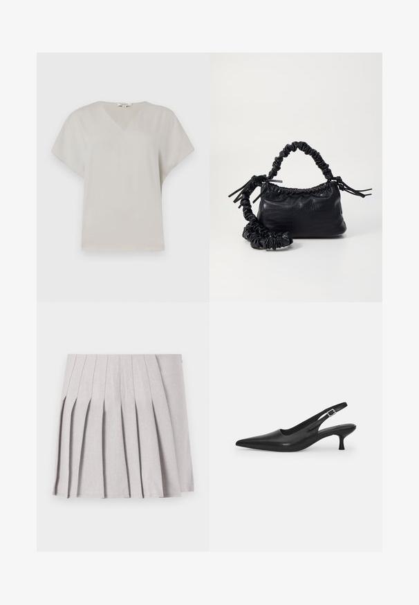 Top a manica corta con scollatura a V in tessuto grigio chiaro. Texture morbida e liscia con vestibilità rilassata e senza motivi o accenti visibili.; Gonna pieghettata grigia con una texture liscia, caratterizzata da molteplici pieghe verticali e una vita aderente. Realizzata in un tessuto leggero.; Scarpa slingback nera in pelle con punta affusolata e tacco sottile e curvato. Presenta una discreta fascia regolabile con una fibbia in metallo.; Borsa a tracolla in ecopelle nera con texture a coccodrillo, apertura cinchata e tracolla arricciata. Si presenta con un design morbido e compatto.