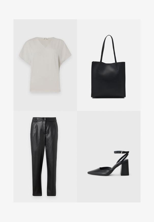 Haut à col en V et à manches courtes en tissu gris clair. Texture douce et lisse avec une coupe décontractée et sans motifs ni accents visibles.; Pantalons en cuir noir avec une texture lisse, coupe droite, taille élastique et fermeture à bouton à l'avant ; détails plissés et jambes fuselées.; Escarpin noir en cuir à bout pointu avec une bride de cheville et un talon épais. Texture lisse, design élégant et esthétique minimaliste.; Sac fourre-tout en cuir noir avec une texture lisse, de forme rectangulaire et deux longues poignées. Pas de matériel ou d'ornementations visibles.