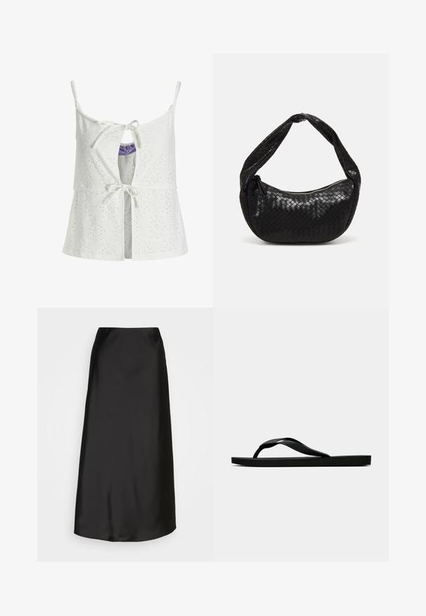 Witte mouwloze top met een oogjespatroon, sluiting met een strik aan de voorkant, keyhole-detail en verstelbare bandjes. Stof heeft een gestructureerde afwerking.; Zwarte satijnen midi-rok met een gladde textuur, A-lijn vorm en een subtiele glans. Heeft een slank, eenvoudig ontwerp zonder versieringen.; Zwarte rubberen flip-flop sandaal met een getextureerde strap en een eenvoudige platte zool, zijaanzicht op een effen lichte achtergrond.; Zwarte geweven leren handtas met een gebogen vorm, voorzien van een stevige handgreep en een ritssluiting. Textuur met een glanzende afwerking.