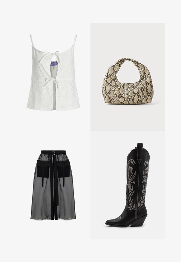 Top bianco senza maniche con motivo ad occhiello, chiusura anteriore con fiocco, dettaglio a forma di chiave e spalline regolabili. Il tessuto presenta una finitura testurizzata.; Gonna nera trasparente con una vita arricciata, dotata di due ampie tasche frontali, un laccetto in vita e un ornamento metallico circolare.; Stivali da cowboy in pelle nera con punte affusolate, tacchi a zoccolo e motivi floreali ricamati in argento lungo il gambale. Cuciture a contrasto in tutto lo stivale.; Borsa a stampa rettile con manico curvo. Realizzata in materiali testurizzati beige e marroni, presenta un distintivo motivo a rombi.