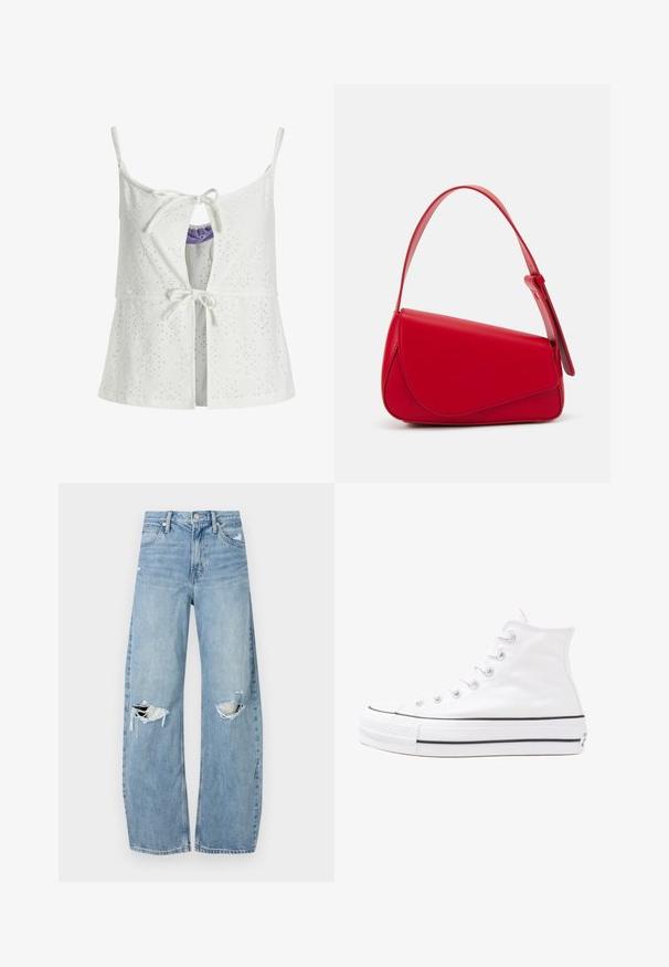 White sleeveless top with eyelet pattern, front tie closure, keyhole detail, and adjustable straps. Fabric has a textured finish.; Light blue, high-waisted jeans made of denim. Feature wide legs, two torn knee areas, and classic five-pocket styling.; White high-top canvas sneaker with black rubber sole, front rubber toe cap, and six eyelets for laces, featuring a clean, minimalist design.; Red leather handbag with an angular, geometric design. Features a single adjustable strap and a flap closure with stitched detailing.