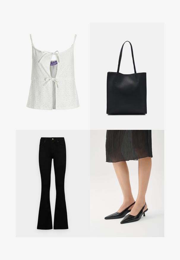 Valkoinen hihaton paita, jossa on reikäkuvio, edessä solmittava sulku, avainaukkos yksityiskohta ja säädettävät olkaimet. Kangas on teksturoitu.; Mustat korkeavyötäröiset farkut nappi- ja vetskariyläosalla, etutaskuilla ja levenevillä lahkeilla, asetettuna tasaisesti valkoista taustaa vasten.; Mustat kärjentörröslip-on-kengät, joissa on kiiltävä pinta, hoikka korko ja avonainen takamuotoilu. Pintamateriaalissa on teksturoitu kuvio.; Mustapahkainen kangaskassi, jossa on sileä pinta, suorakaiteen muotoinen ja kaksi pitkää kahvaa. Ei näkyvää metalliosaa tai koristeita.