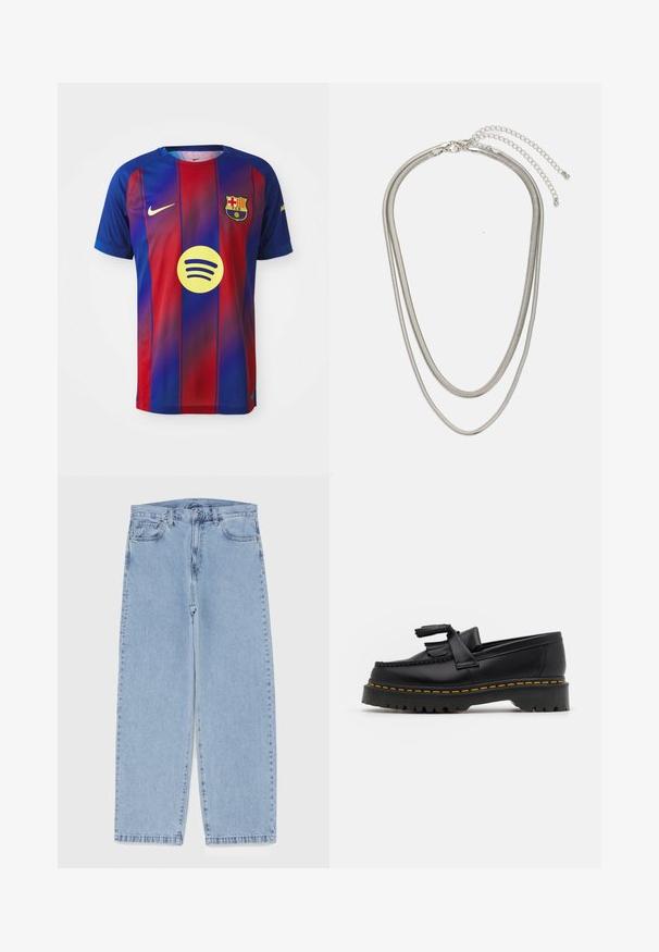 FC Barcelona-Trikot mit blauen und roten vertikalen Streifen, Nike-Logo und Spotify-Grafik in der Mitte. Hergestellt aus atmungsaktivem Material.; Hellblaue Jeans aus Denim mit geradem Bein, ausgestattet mit einer mittelhohen Taille, fünf Taschen sowie einem Knopf- und Reißverschluss.; Schwarze Lederloafers mit einem fransenverzierten Akzent, ausgestattet mit einer robusten schwarzen Sohle und gelber Naht entlang der Kante. Texturierte Oberfläche.; Dreischichtige Halskette aus Silbermetall mit schlanken, flexiblen Ketten mit leichtem Glanz, gesichert mit einem Karabinerverschluss und verstellbarer Kette.