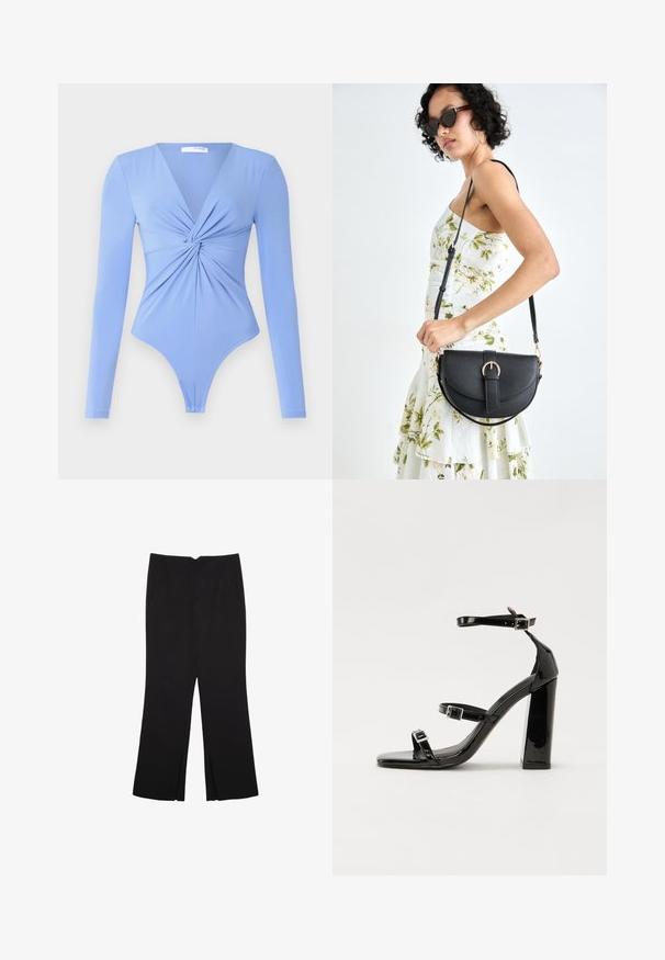 Dolgi rokav bodysuit v svetlo modri barvi, ki ima V-izrez in zavito sprednje podrobnost. Tkanina se zdi gladka in raztegljiva, z rezom za tangice.; Črne hlače ravnega kroja z naglavnimi žepi in stranskimi razporki na robu. Narejene iz mehke, gladke tkanine. Primerne za različne priložnosti.; Črne lakirane sandale s peto, kvadratnim prstom, trakovi okrog gležnja in srebrnimi zaponkami. Opremljene so s stabilno Debelo peto.; Črna usnjena torbica s ukrivljeno obliko, z odstranljivo naramnico in zlatimi dodatki. Torbica ima pokrov s podrobnostmi v obliki zaponke.