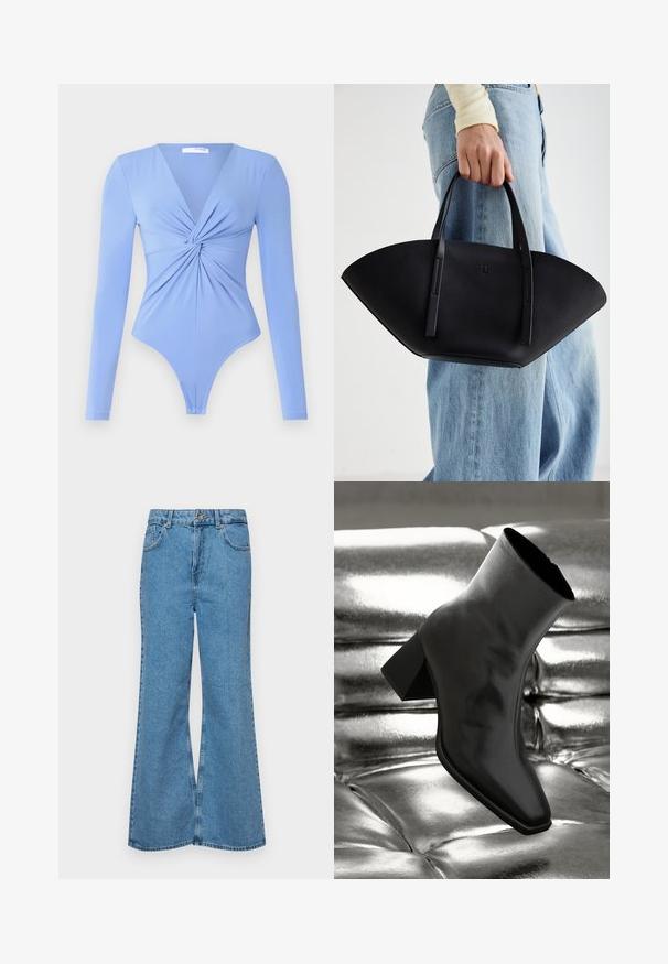 Long-sleeve bodysuit in light blue, featuring a V-neck and twisted front detail. The fabric appears smooth and stretchy, with a thong cut.; Light blue flared jeans made of denim, featuring a high waist, five pockets, and a single button closure. Soft texture with faded finish.; Black ankle boot made of glossy material with a square toe and tapered heel, set against a shiny silver tufted background.; Black leather handbag with a unique fan shape, featuring flat handles. The surface has a pebbled texture and a minimalistic design.