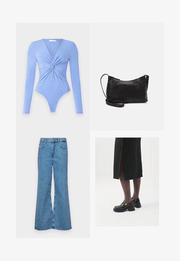 Langärmliger Bodysuit in Hellblau, mit V-Ausschnitt und verdrehtem Vorderteil. Der Stoff wirkt glatt und dehnbar, mit einem Tanga-Schnitt.; Helle blaue Schlagjeans aus Denim, mit hoher Taille, fünf Taschen und einem einzelnen Knopfverschluss. Weiche Textur mit ausgeblichener Optik.; Schwarze Lederschuhe mit abgerundetem Zeh, dicker Blockabsatz und elastischen seitlichen Akzenten, kombiniert mit dunklen Strumpfhosen und einem schwarzen Rock mit Schlitz.; Schwarze Ledertasche für die Schulter mit glatter Textur, geschwungener Form, verstellbarem Tragegurt und Reißverschluss. Minimalistisches Design ohne Verzierungen.