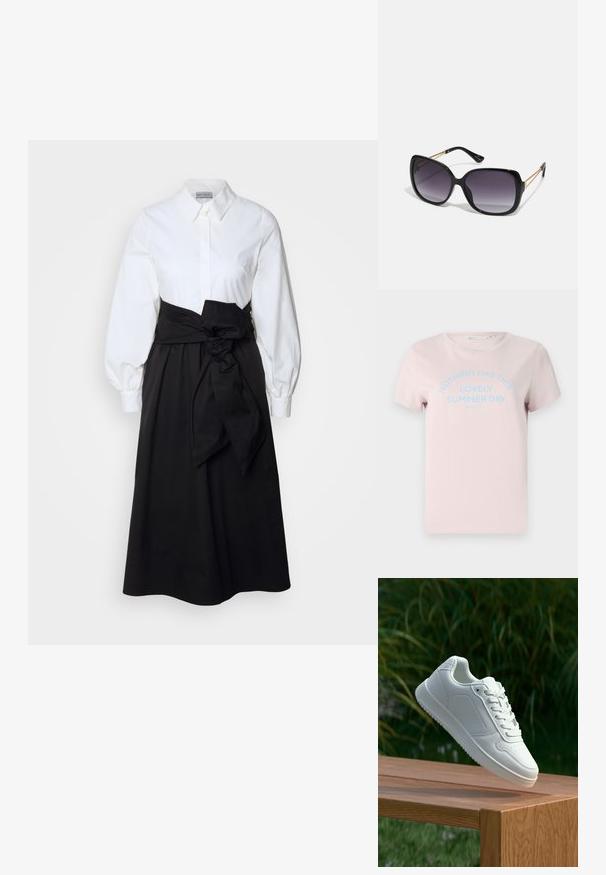 Lys rosa bomulds T-shirt med korte ærmer, rund halsudskæring og blå tekst, der står "IKKE NOGET SOM DENNE VIDUNDERLIGE SOMMERDAG."; Hvid skjorte med lange pufærmer, parret med en sort nederdel og et stoffsnor bundet om taljen, lavet af glat bomuldsstof.; Hvid sneaker med en glat syntetisk overdel, perforeret tåboks, flade snørebånd og en tekstureret sål, præsenteret på en træoverflade.; Sorte oversized solbriller med gradientlinser, tykke stel og guldfarvet kæde detaljer på tempelarmene.; Sort håndtaske med struktureret form, glat overflade og metalspænde. Sammen med brede sorte bukser og sandaler med åben tå på trægulv.