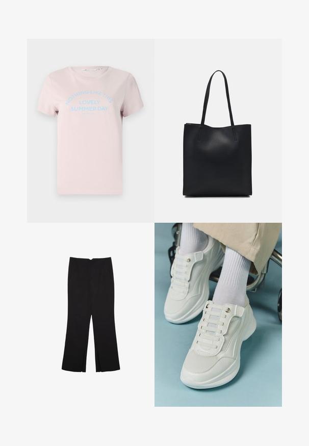 Svetloružová bavlnená tričko s krátkymi rukávmi, okrúhlym výstrihom a modrým textom, ktorý znie "NIE JE NIČ LEPŠIE AKO TENTO PREGLEDNÝ LETNÝ DEŇ."; Čierne nohavice so strihom rovného strihu, s prednými vreckami a bočnými rozparkami na leme. Vyrobené z mäkkej, hladkej tkaniny. Vhodné na rôzne príležitosti.; Biele tenisky s materiálom z mlátenice, gumovou podrážkou, bezšnúrovým dizajnom s elastickými pásikmi a pozlátenými akcentmi.; Čierna kožená taška na rameno s hladkým povrchom, obdĺžnikovým tvarom a dvoma dlhými uchami. Bez viditeľného kovania alebo ozdôb.