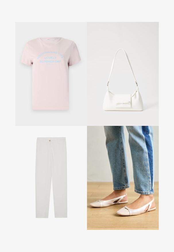 Hele roosa puuvillane T-särk lühikeste varrukatega, ümmarguse kaelusega ja sinise tekstiga, mis ütleb "MITTE MISKI EI OLE NII ILUS SUVEPÄEV."; Valged kohandatud püksid sirge lõikega, varustatud nupuga kinnitusega, vöödega ja küljetaskutega; sile kangatekstuur.; Kahvatu roosa slingback lapikute jalatsite paar, millel on terav varvas, valmistatud siledast nahataolisest materjalist. Omab külgedel lõikekohti ja lapikut kontsa.; Valge sünteetilisest materjalist kott kolmnurkse kujuga, lame esiklapiga ja kaaredetailiga, reguleeritava rihmaga, sileda tekstuuriga ja minimalistliku disainiga.