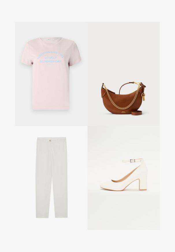 Tricou din bumbac de culoare roz deschis, cu mâneci scurte, decolteu rotund și text albastru care spune "NU EXISTĂ NIMIC CA ACEASTĂ ZI FAINĂ DE VARĂ."; Pantaloni albi, croiți, cu un design drept al piciorului, având sistem de închidere cu nasture, bucle pentru curea și buzunare laterale; textură de țesătură netedă.; Pantof de damă alb cu toc înalt, vârful ascuțit, toc pătrat și curea la gleznă. Finisaj neted cu un ușor luciu și căptușeală bej.; Geantă de piele maro cu un design curbat, curea cu lanț auriu, buzunar interior și curea de umăr detașabilă. Dispune de cusături contrastante.