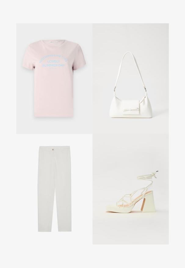 Hele roosa puuvillane T-särk lühikeste varrukatega, ümmarguse kaelusega ja sinise tekstiga, mis ütleb "MITTE MISKI EI OLE NII ILUS SUVEPÄEV."; Valged kohandatud püksid sirge lõikega, varustatud nupuga kinnitusega, vöödega ja küljetaskutega; sile kangatekstuur.; Valged kõrge kontsaga sandaalid, millel on paks konts ja rihmadega disain koos pahkluu sidumisega. Sile tekstuur ja platvorm ees, et lisada kõrgust.; Valge sünteetilisest materjalist kott kolmnurkse kujuga, lame esiklapiga ja kaaredetailiga, reguleeritava rihmaga, sileda tekstuuriga ja minimalistliku disainiga.