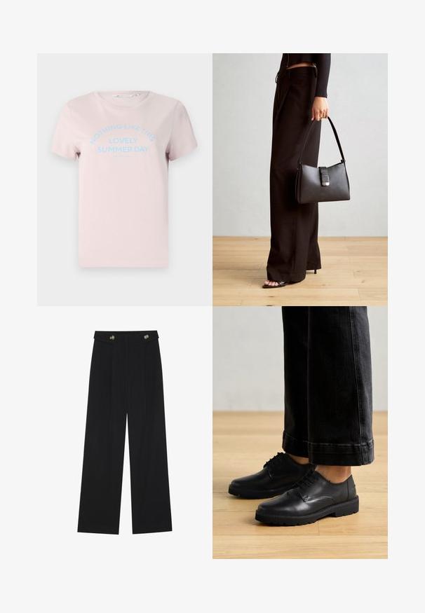 Gaiši rozā kokvilnas T-krekls ar īsām piedurknēm, apaļu kakla izgriezumu un zilu tekstu, kas lasāms "NAV NEKĀ TĀDA KĀ ŠĀDA BRĪNIŠĶĪGĀ VASARAS DIENA."; Melnas platās bikses ar augstu jostasvietu, pogu detaļām uz jostas un priekšējām krokām.; Melnas ādas šņorējamās kurpes ar gludu virsmu, noapaļota purngala un biezas gumijas zole, apvienotas ar īsām tumšām džinsām.; Melnā somiņa ar strukturētu formu, gludu tekstūru un metālu sprādzi. Saskaņota ar platām melnām biksēm un sandālēm ar atvērtu purngalu uz koka grīdas.