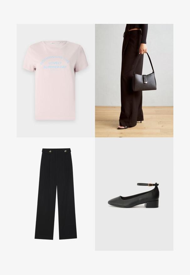 Svetlo roza bombažna majica kratkih rokavov, okroglega izreza, z modrim napisom "NIČ TAKŠNEGA KOT TA ČUDOVIT POLETNI DAN."; Črne široke hlače s visokim pasom, gumbnimi detajli na pasu in sprednjimi gubami.; Črne usnjene pumpice z nazobčanimi prsti in nizko blokasto peto. Imajo trak okoli gležnja z zaponko v zlatem tonu. Gladka tekstura.; Črna torbica z strukturirano obliko, gladko teksturo in kovinskim zaponko. Ujemajo se z širokimi črnimi hlačami in odprtimi sandali na lesenem tleh.